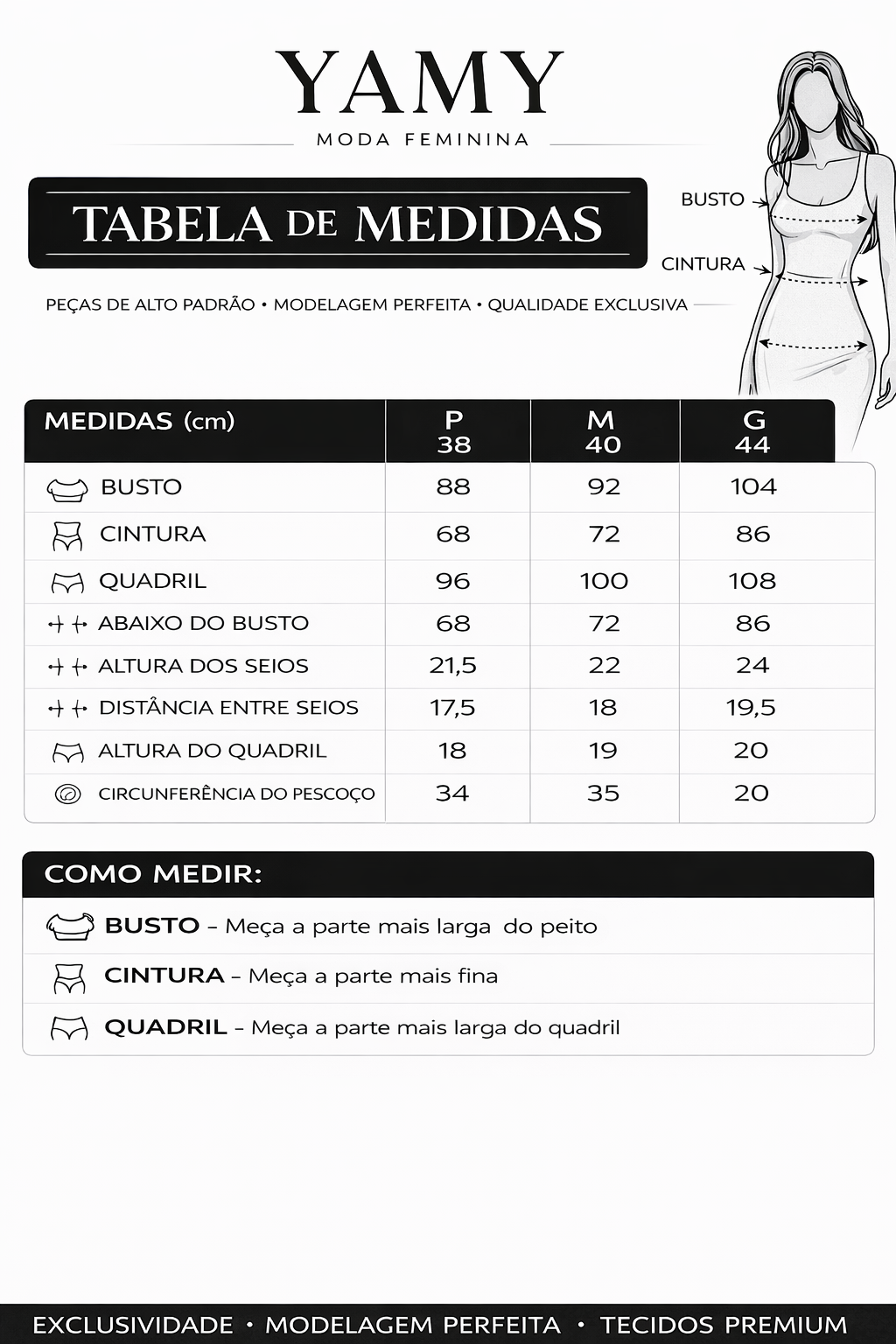 Tabela de Medidas Moda Feminina Yamy